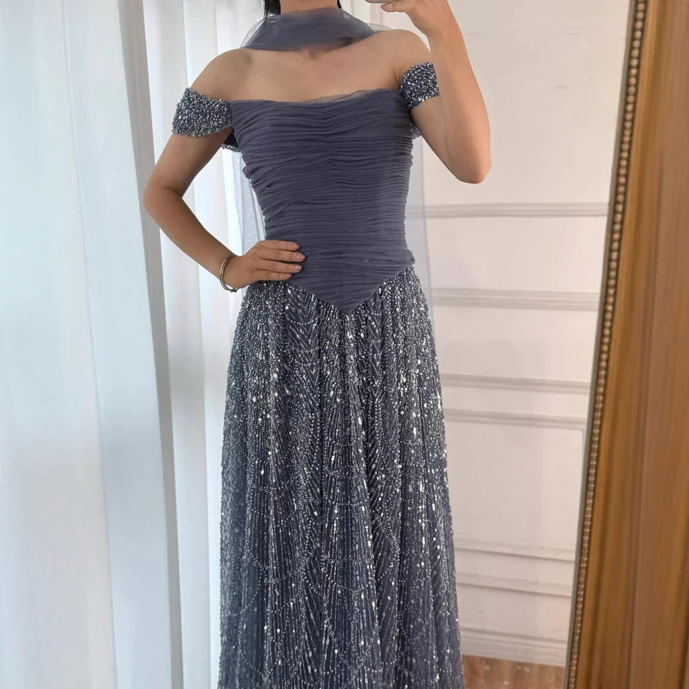 Luxury Arabic Pink Pearls Beaded Evening Dress With Cape - Image 7