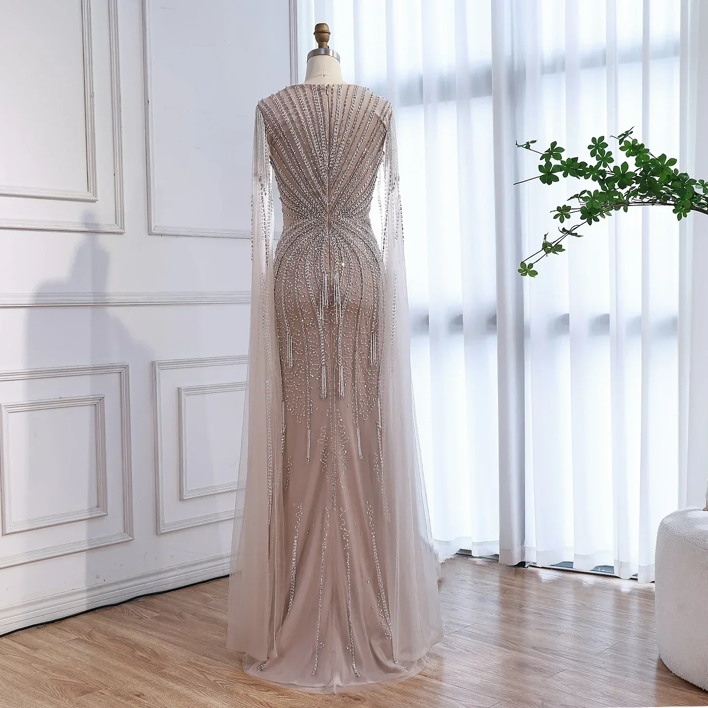 Luxury Caramel Beaded Evening Dress With Cape LA72992A - Image 16