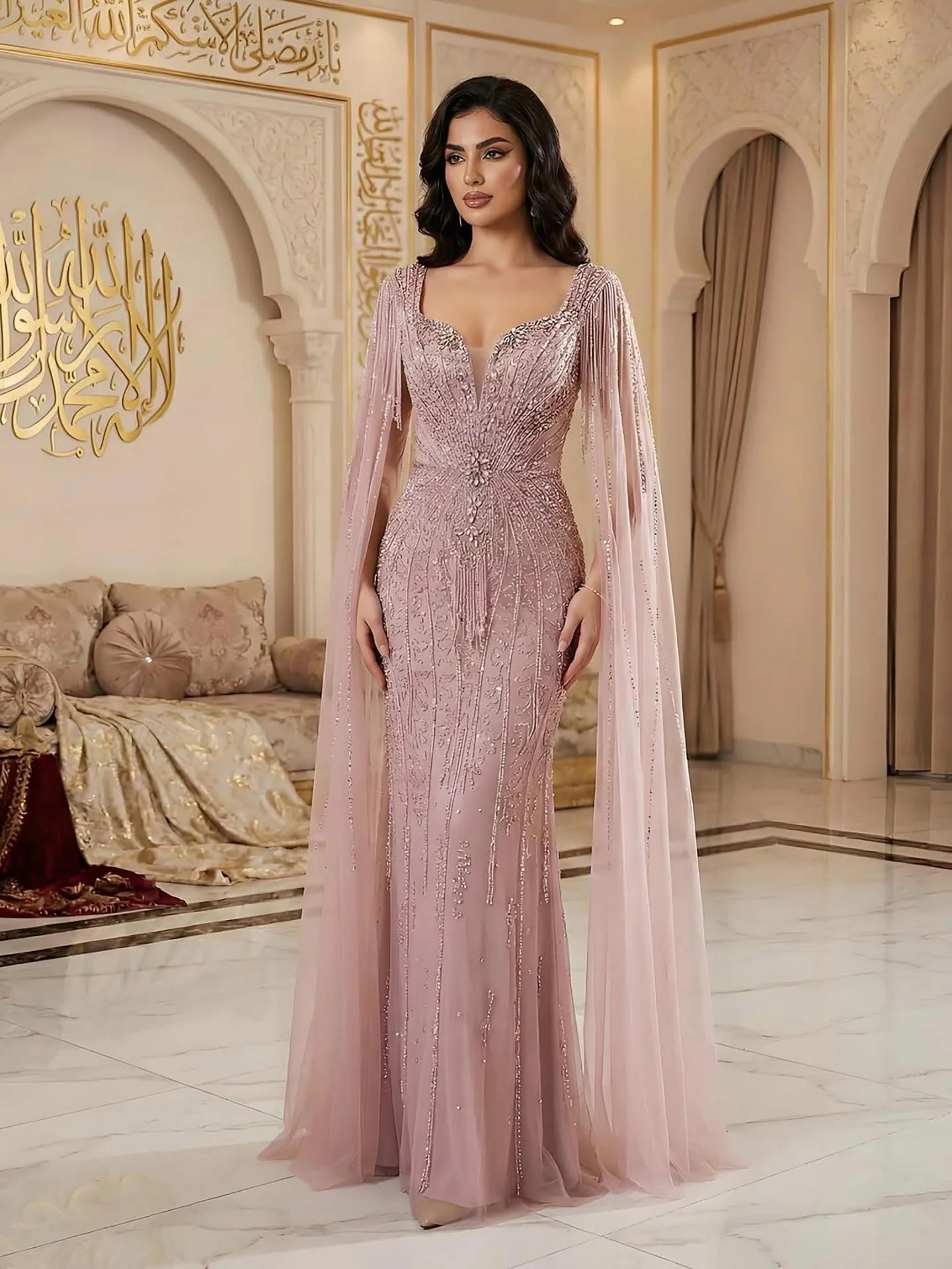 Luxury Caramel Beaded Evening Dress With Cape LA72992A - Image 21