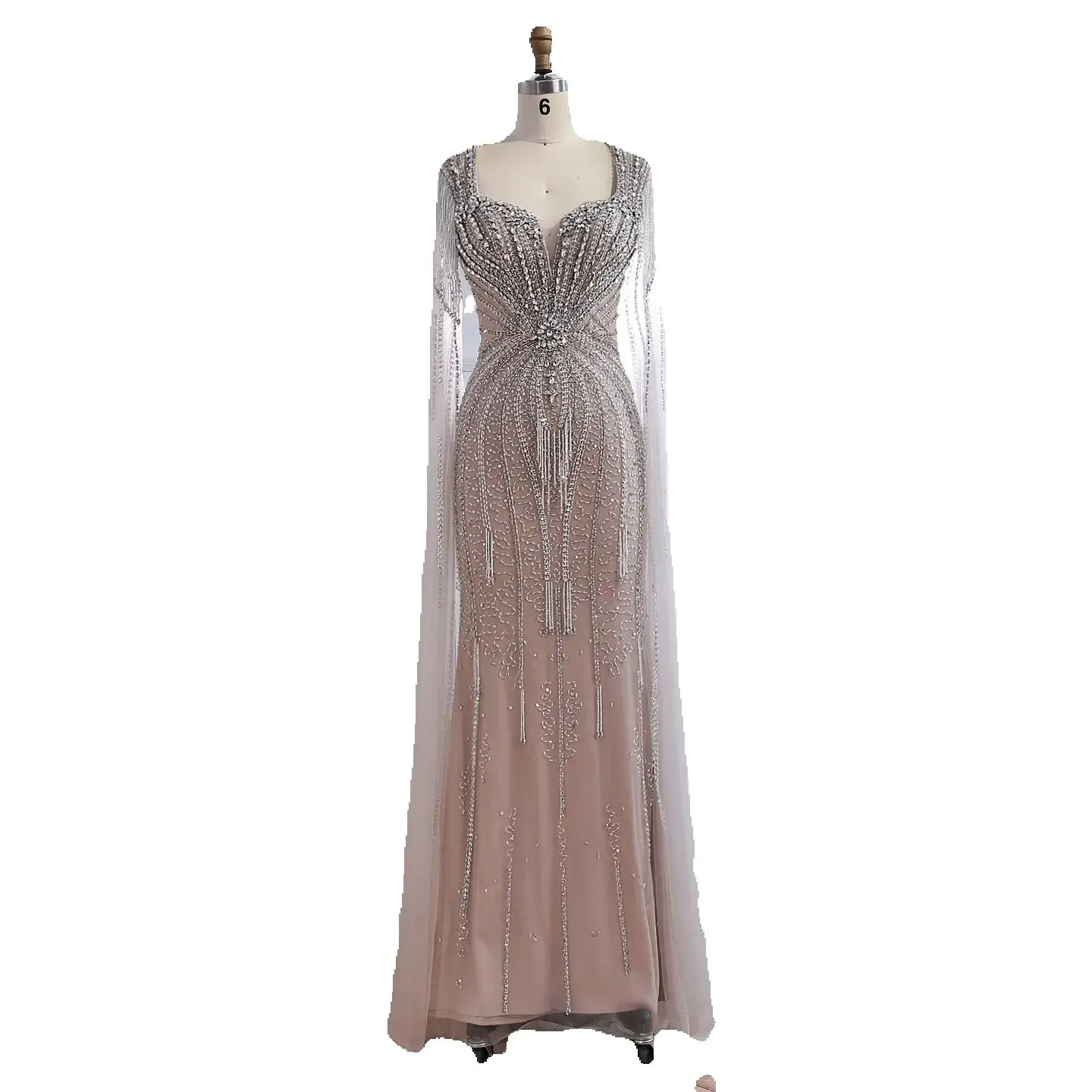 Luxury Caramel Beaded Evening Dress With Cape LA72992A - Image 4