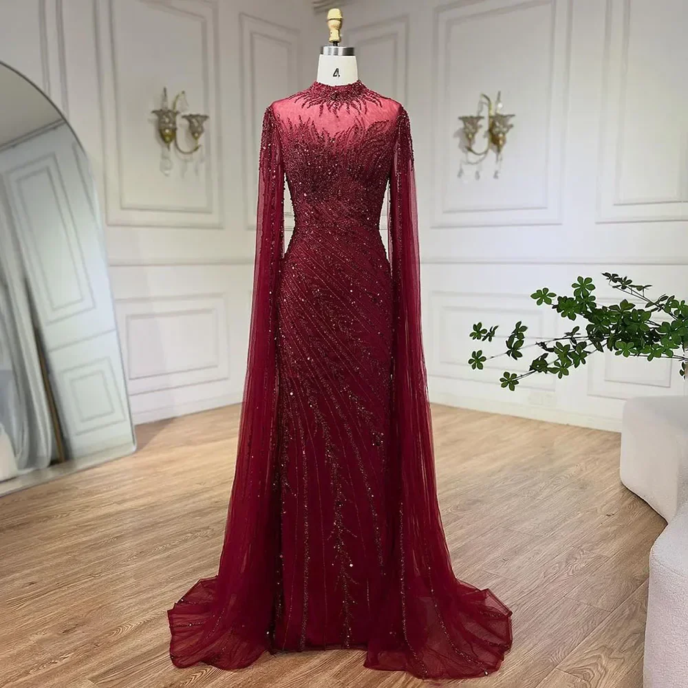 Luxury Nude Mermaid Evening Dress with Cape Sleeves - Image 13