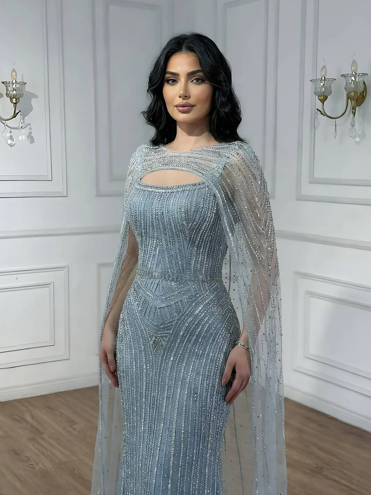 Luxury Blue Diamond Evening Dress With Cape - Image 15