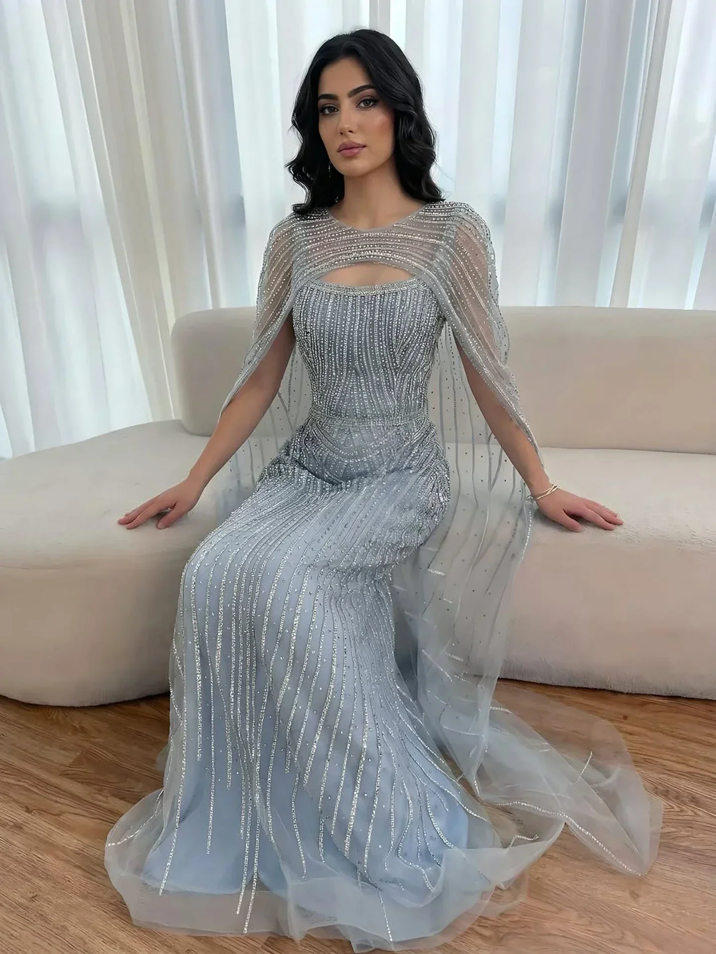 Luxury Blue Diamond Evening Dress With Cape - Image 16