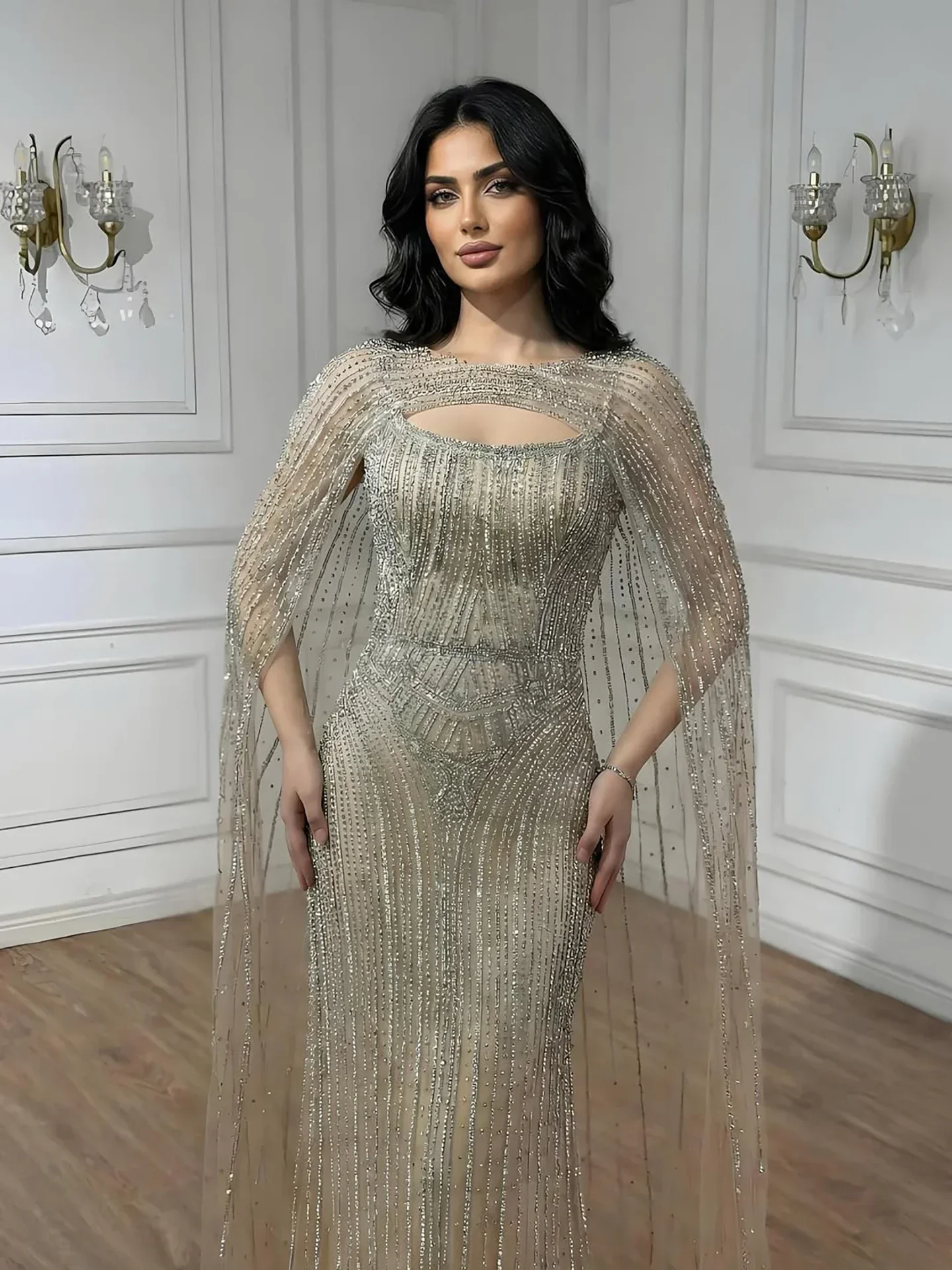 Luxury Blue Diamond Evening Dress With Cape - Image 24
