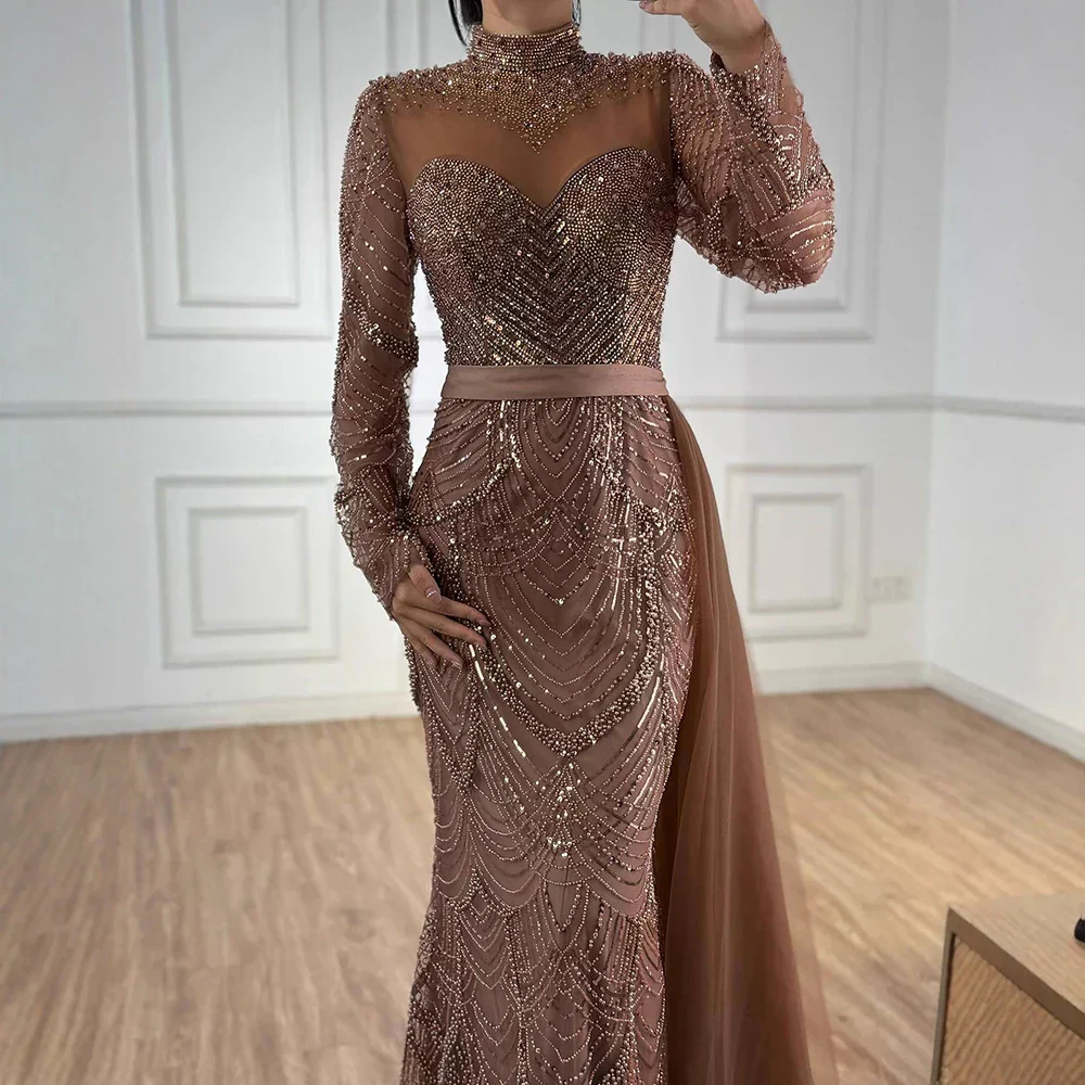 Luxury Brown Beaded Mermaid Evening Dress with Side Overskirt - Image 5