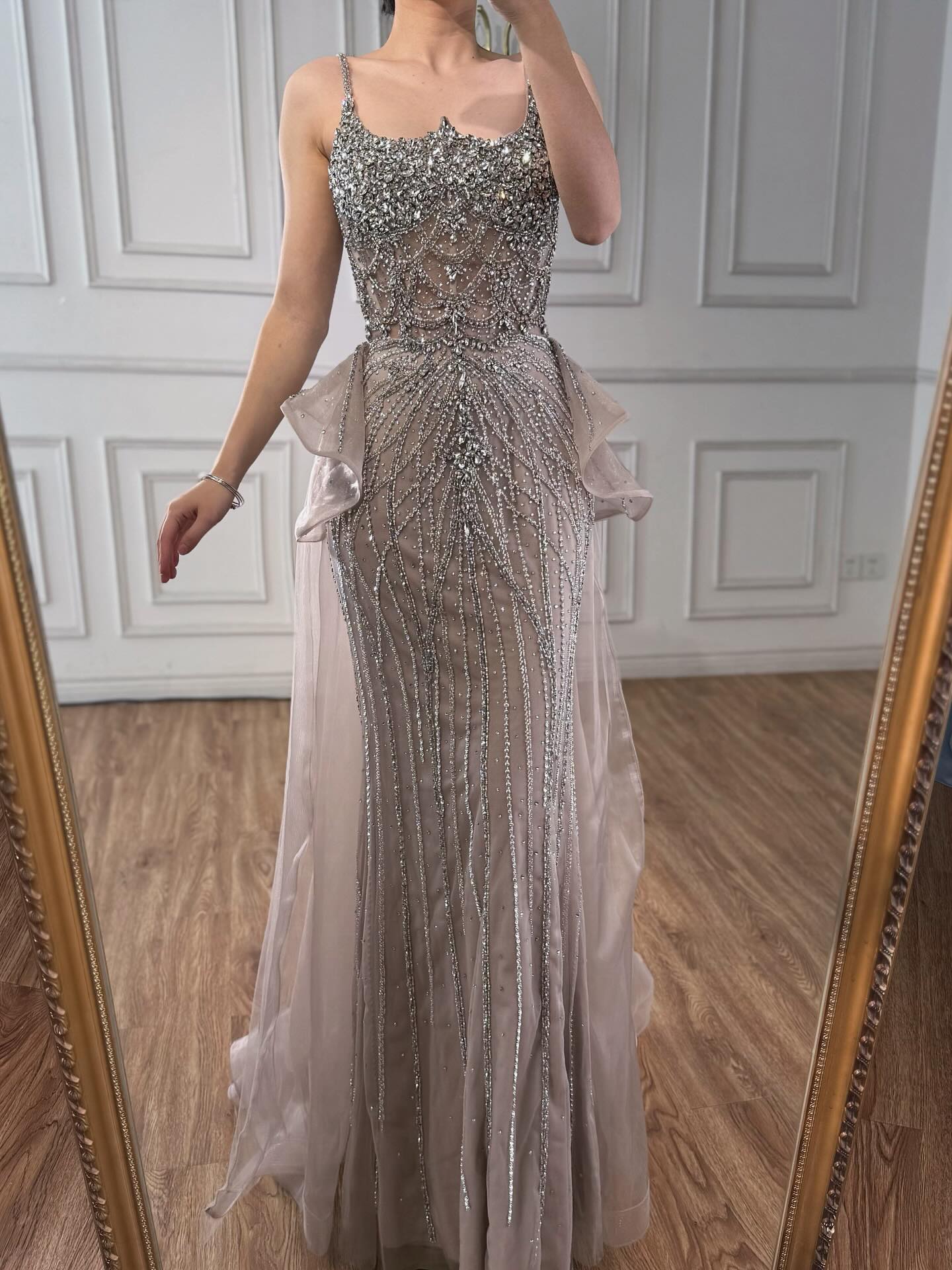 Luxury Caramel Crystal Beaded Spaghetti Strap Mermaid Evening Dress - Image 6