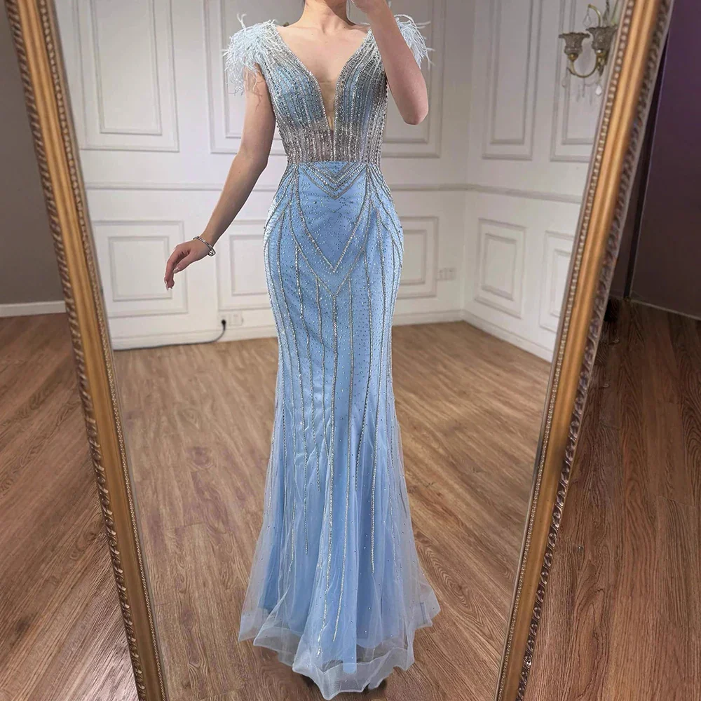 Luxury Dubai Blue Mermaid Evening Dress with Pearls and Feathers - Image 2
