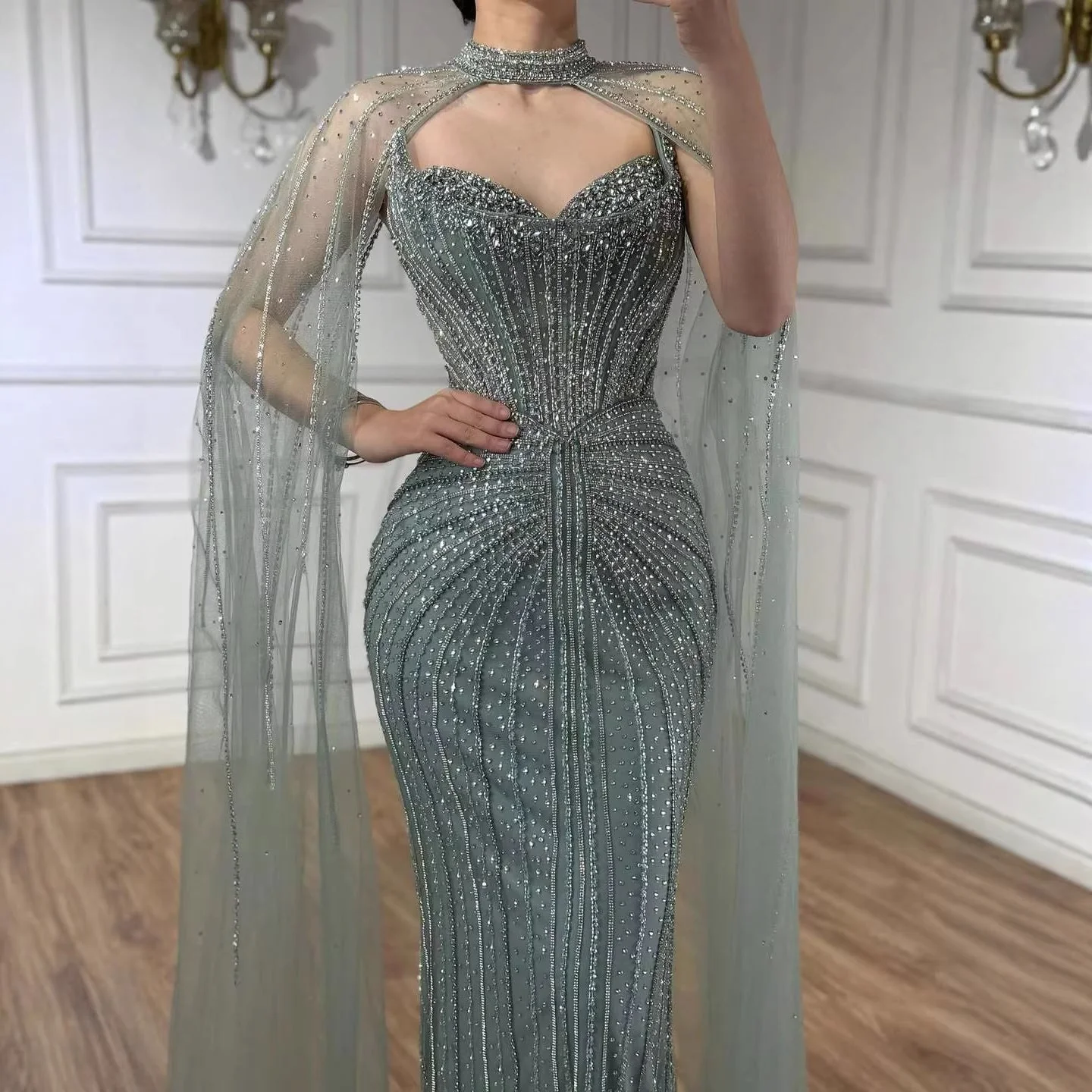 Luxury Dubai Caramel Beaded Evening Dress With Cape LA72811C - Image 17