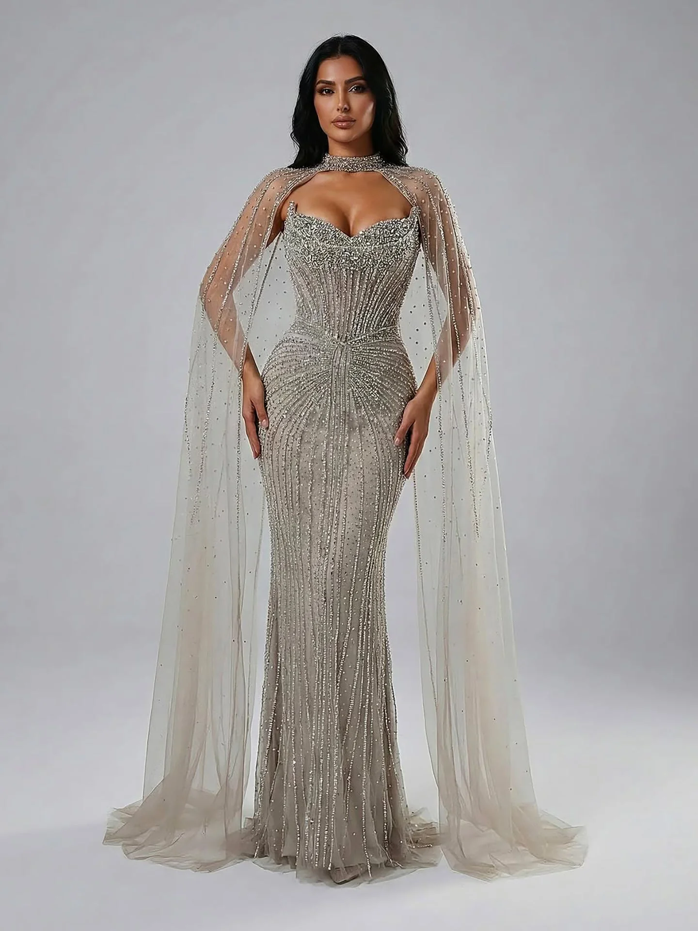 Luxury Dubai Caramel Beaded Evening Dress With Cape LA72811C - Image 25