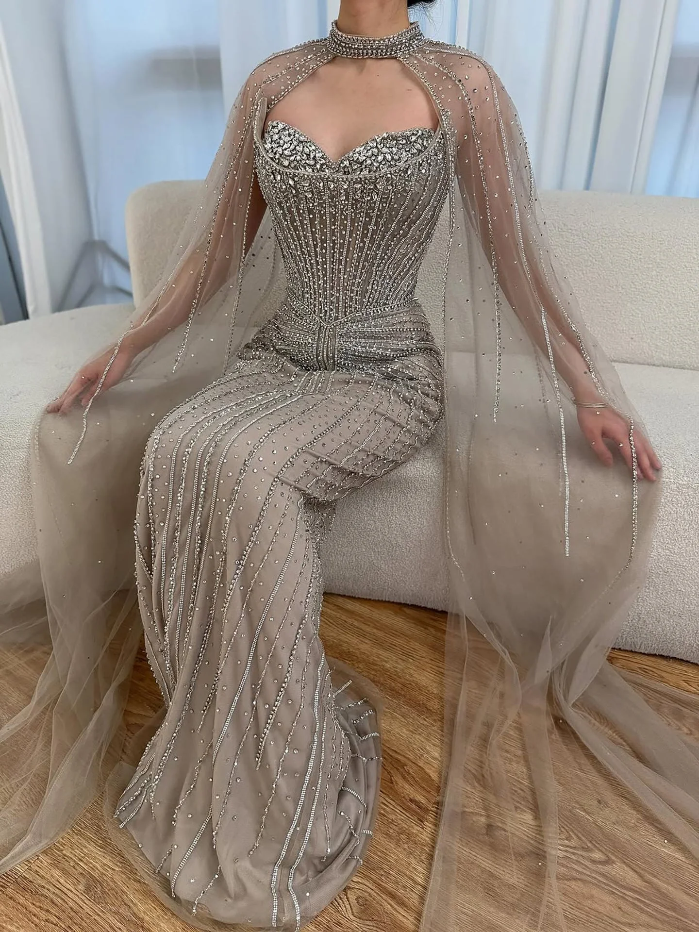 Luxury Dubai Caramel Beaded Evening Dress With Cape LA72811C - Image 33