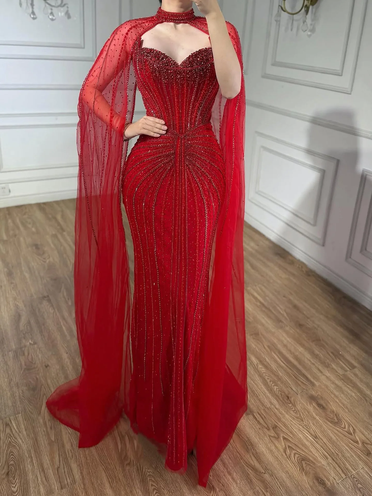 Luxury Dubai Caramel Beaded Evening Dress With Cape LA72811C - Image 34