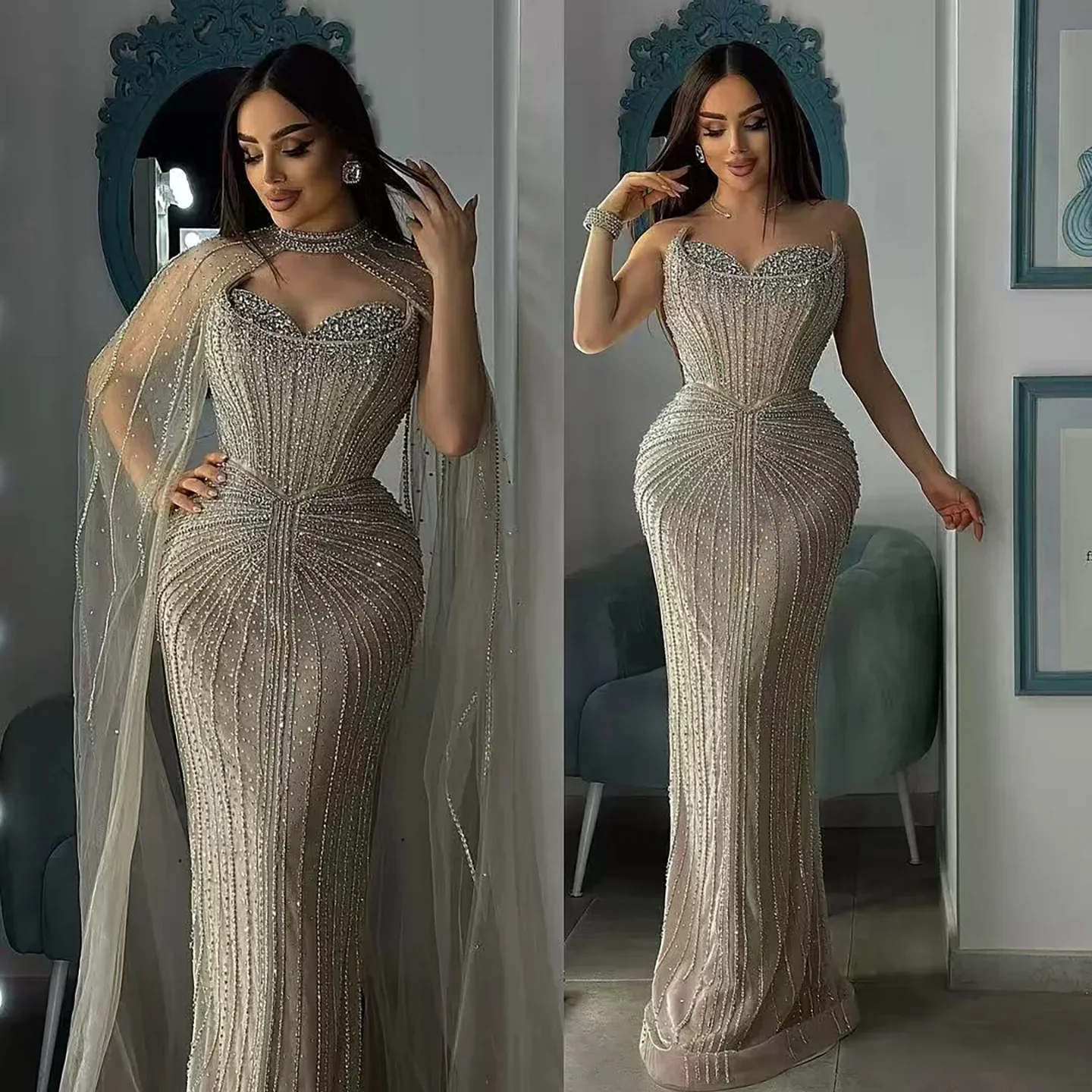 Luxury Dubai Caramel Beaded Evening Dress With Cape LA72811C - Image 4