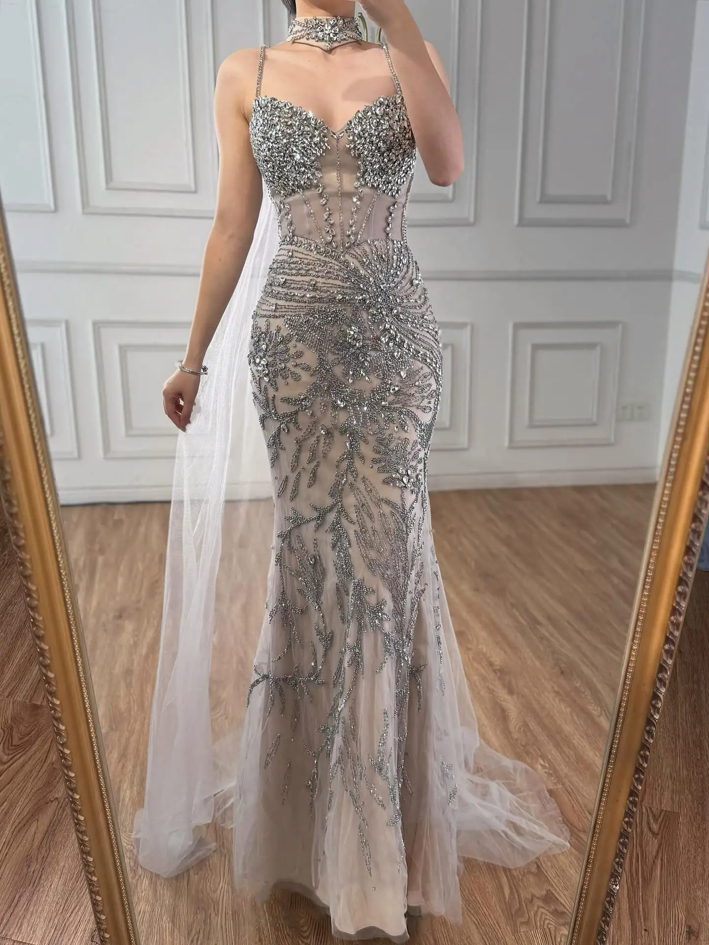 Luxury Evening Dress Grey Beaded With Cape Prom Gown LA73342 - Image 13