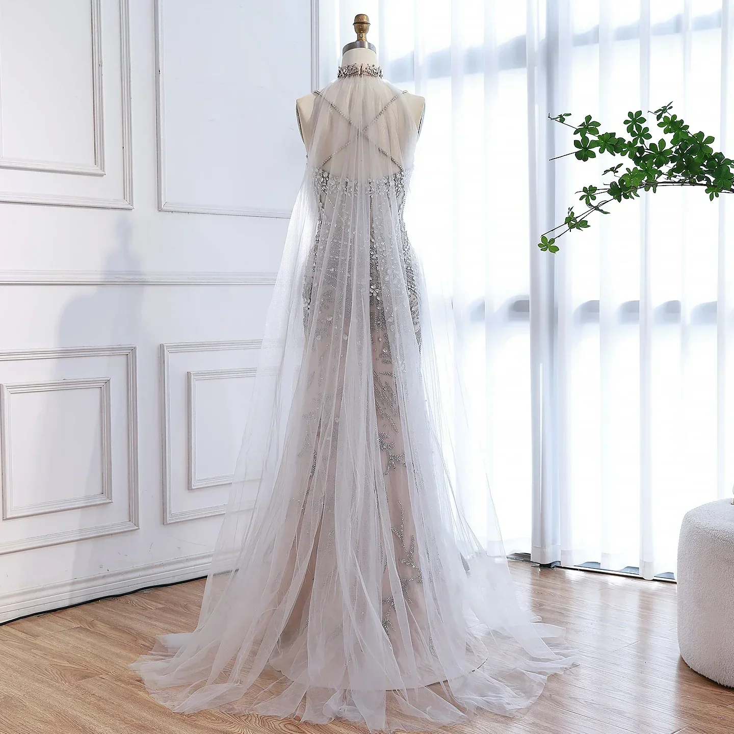 Luxury Evening Dress Grey Beaded With Cape Prom Gown LA73342 - Image 5