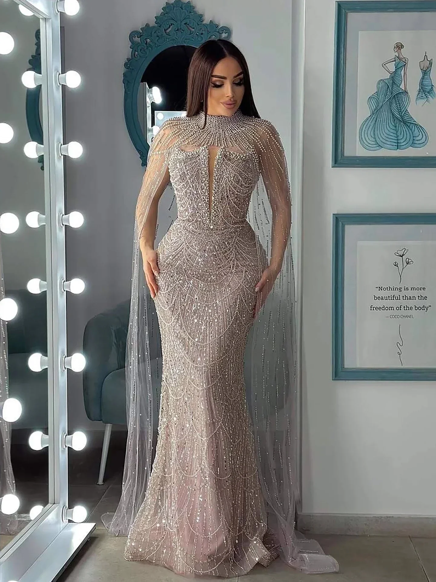 Luxury Evening Dress Nude Pearls Beaded Gown With Tulle Train LA72189A - Image 24