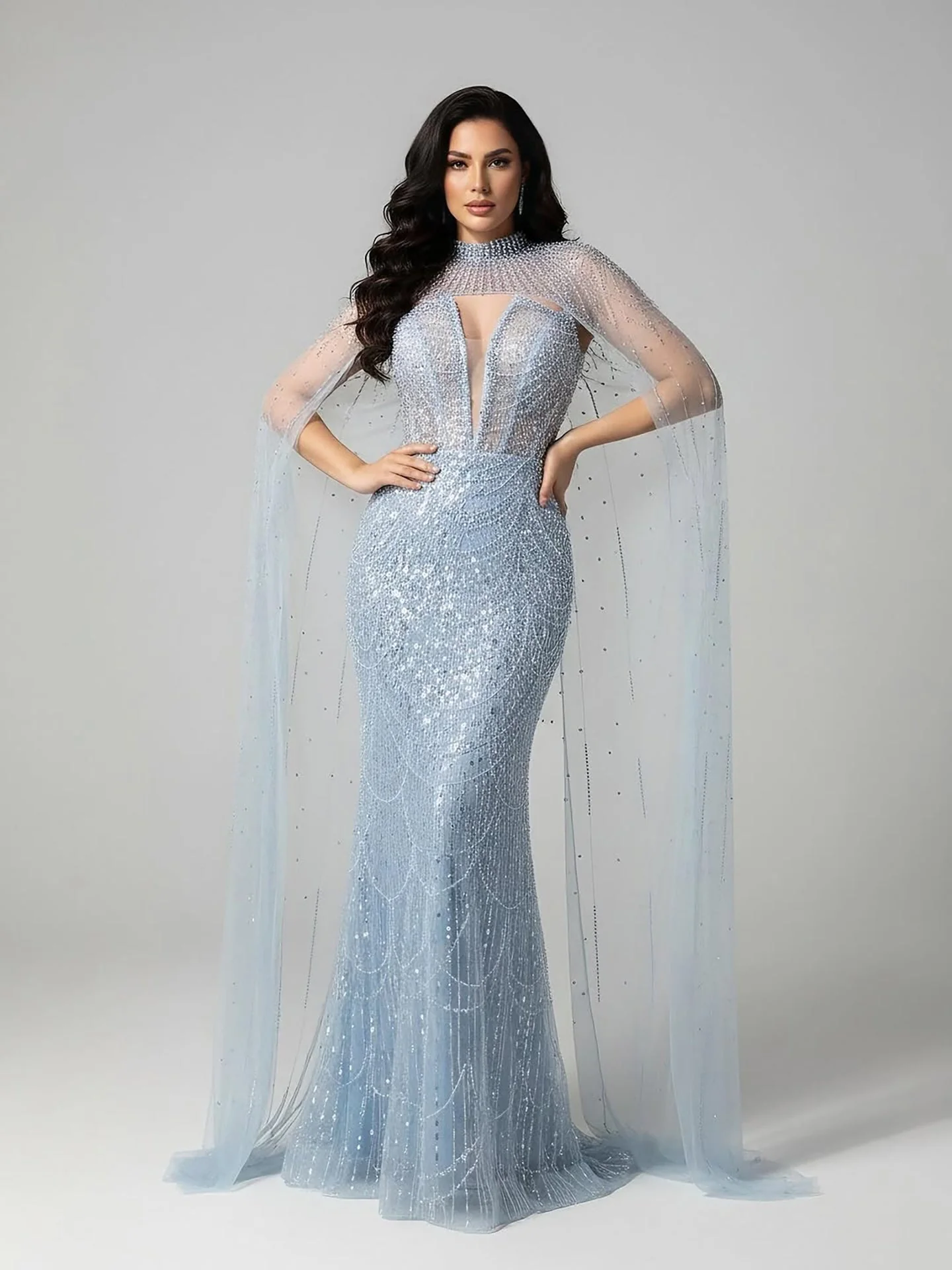 Luxury Evening Dress Nude Pearls Beaded Gown With Tulle Train LA72189A - Image 29