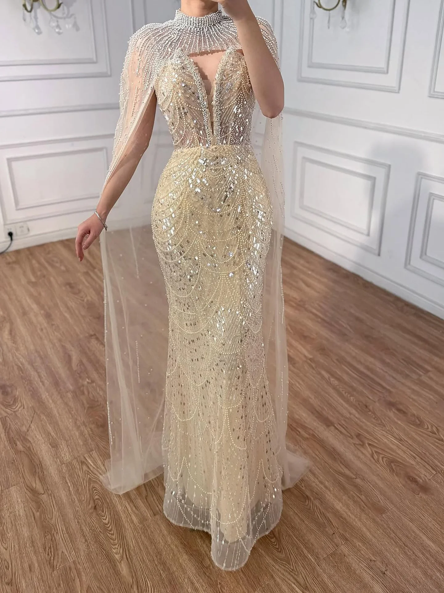 Luxury Evening Dress Nude Pearls Beaded Gown With Tulle Train LA72189A - Image 32