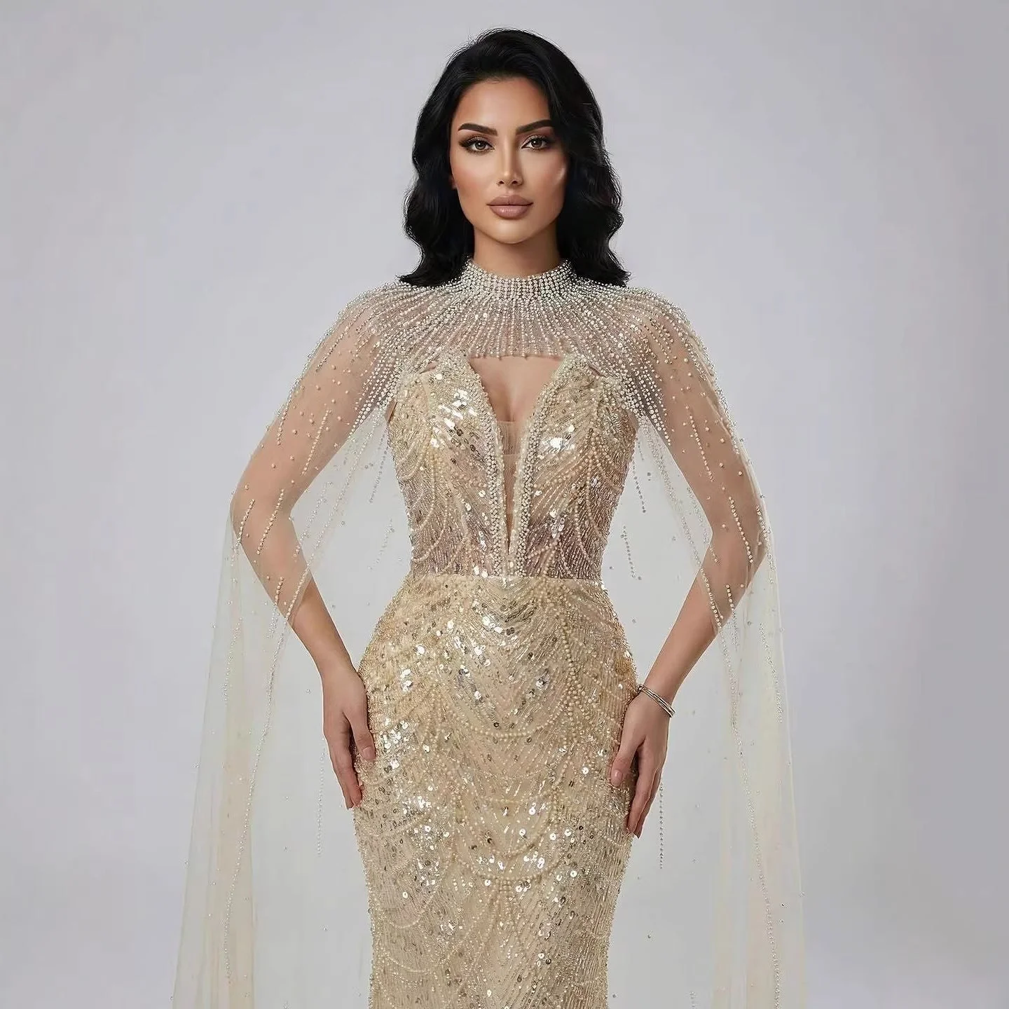 Luxury Evening Dress Nude Pearls Beaded Gown With Tulle Train LA72189A - Image 8