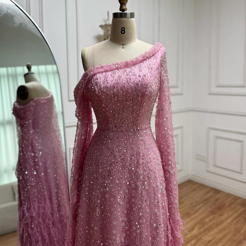 Luxury Feather One Shoulder Evening Dress with Cape Sleeves LA72763 - Image 15