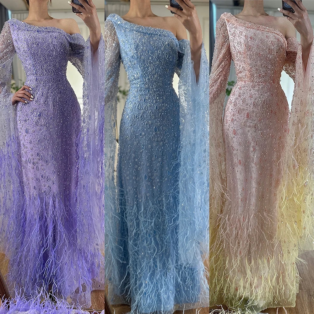 Luxury Feather One Shoulder Evening Dress with Cape Sleeves LA72763 - Image 6