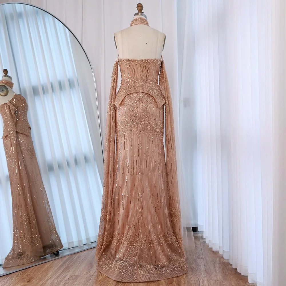 Luxury Gray Beaded Off-Shoulder Evening Dress with Cape Sleeves - Image 13