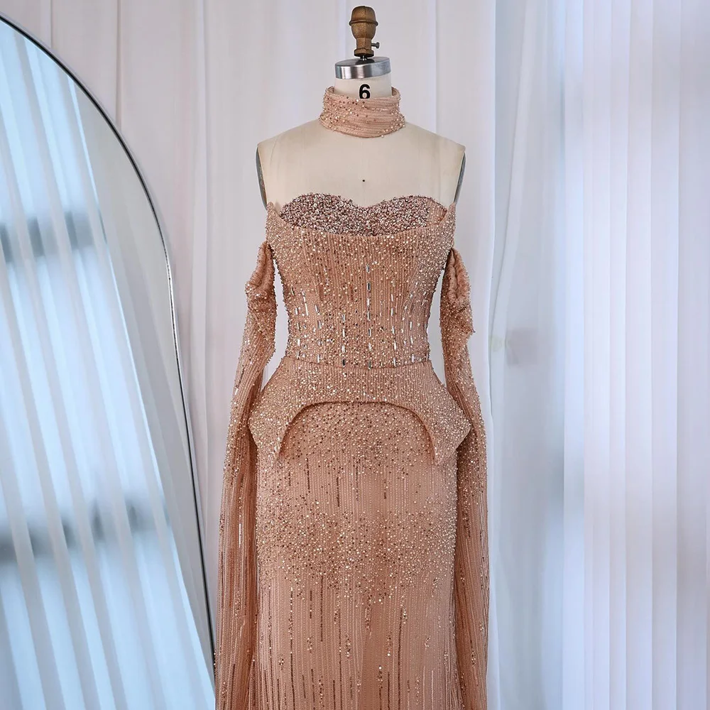 Luxury Gray Beaded Off-Shoulder Evening Dress with Cape Sleeves - Image 8