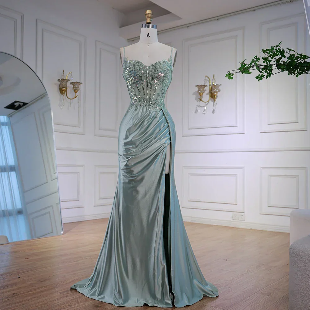 Luxury Mint Green Satin Beaded Prom Dress with Slit LA72995 - Image 2