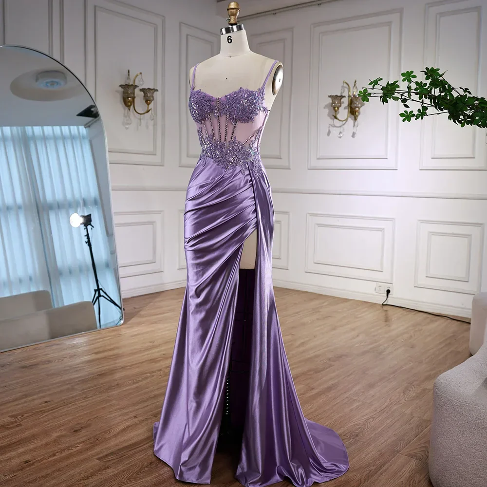 Luxury Mint Green Satin Beaded Prom Dress with Slit LA72995 - Image 8