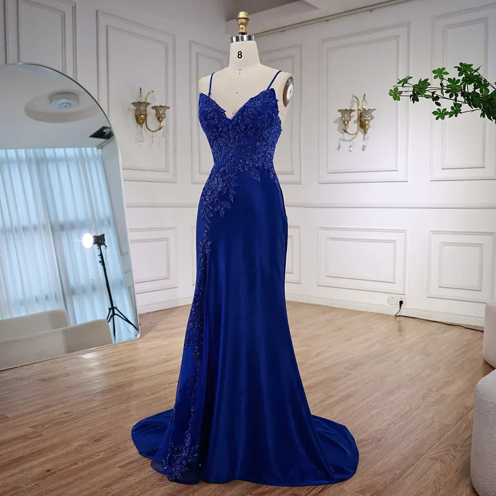 Luxury Navy Blue Lace Slit Prom Dress with Spaghetti Straps - Image 2
