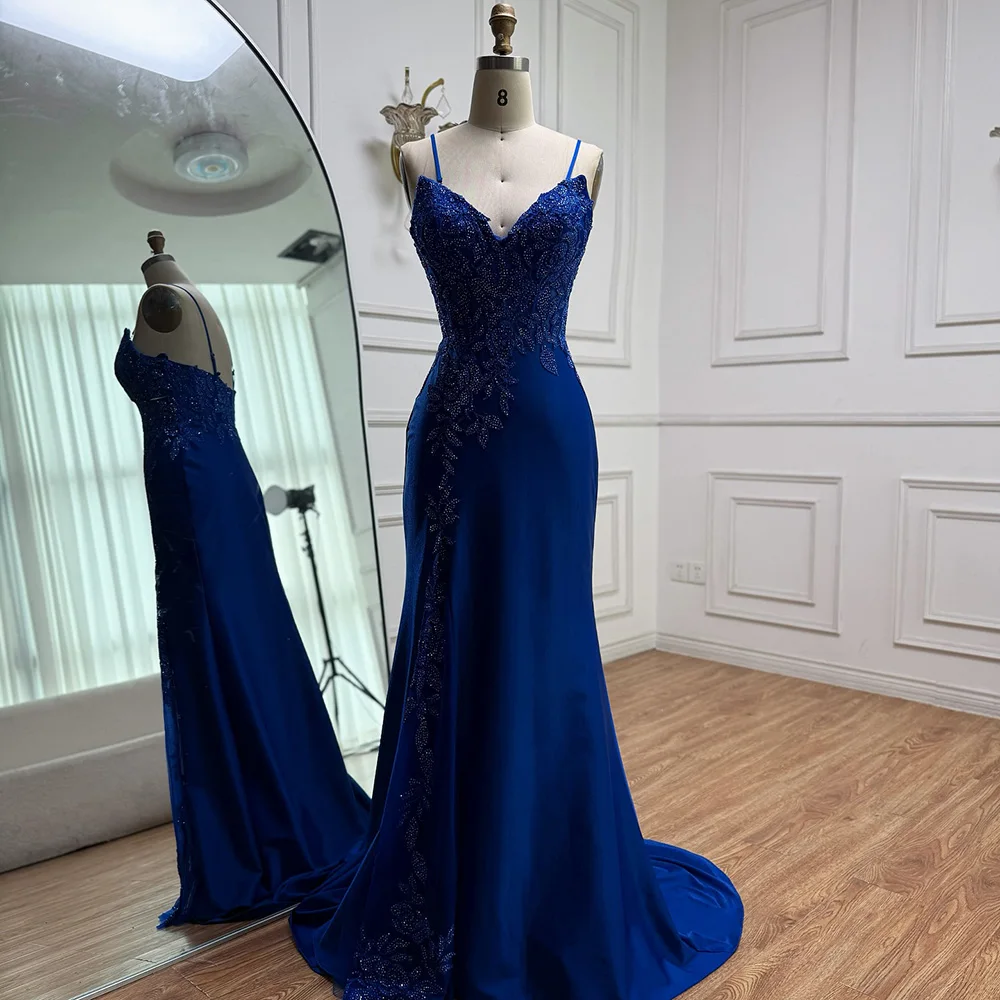 Luxury Navy Blue Lace Slit Prom Dress with Spaghetti Straps - Image 4
