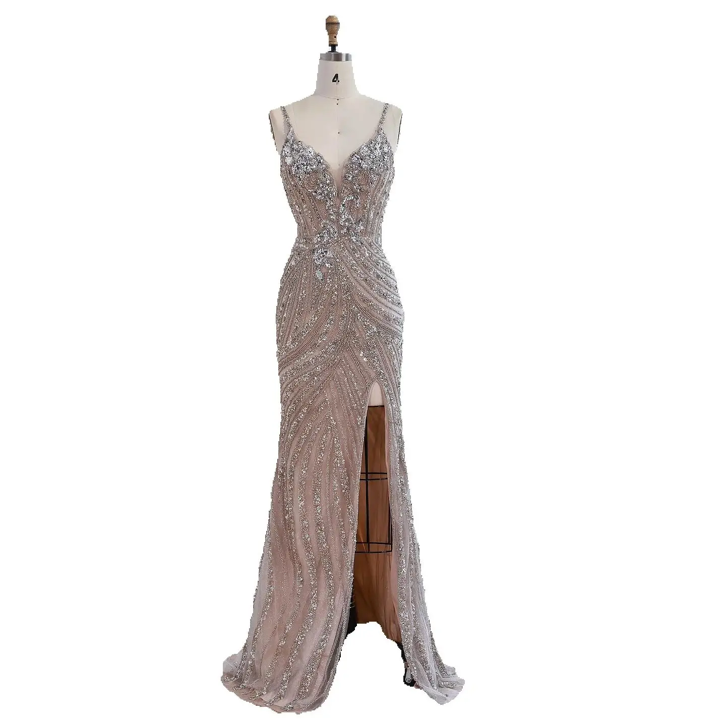 Luxury Nude Beaded High Slit Mermaid Evening Dress - Image 4