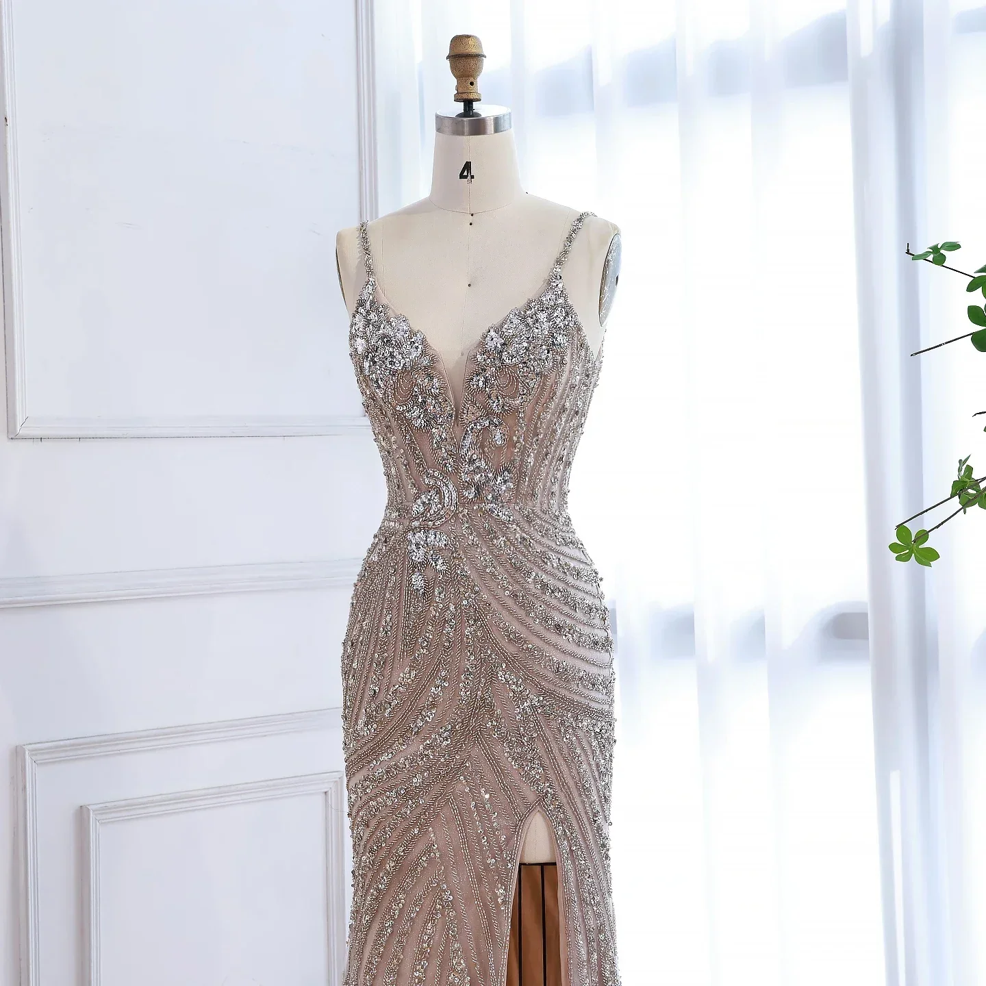 Luxury Nude Beaded High Slit Mermaid Evening Dress - Image 9