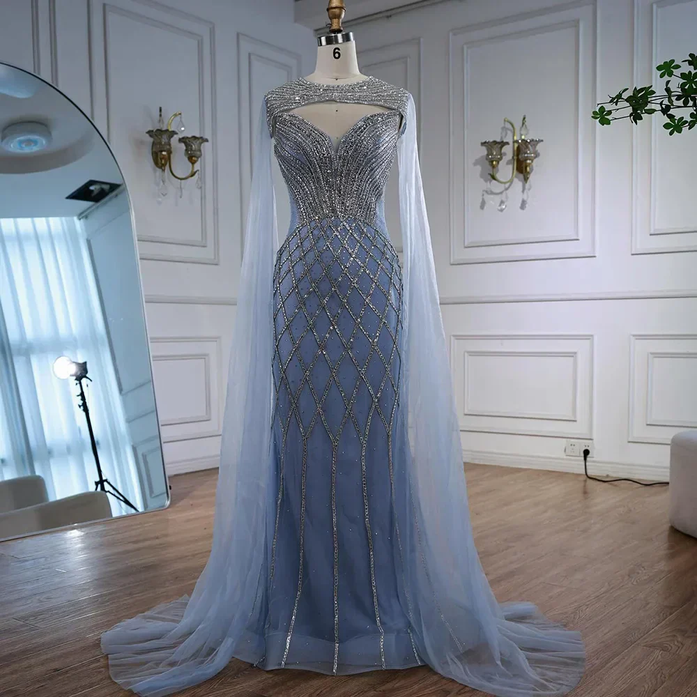 Luxury Nude Beaded Mermaid Evening Dress with Cape - Image 15