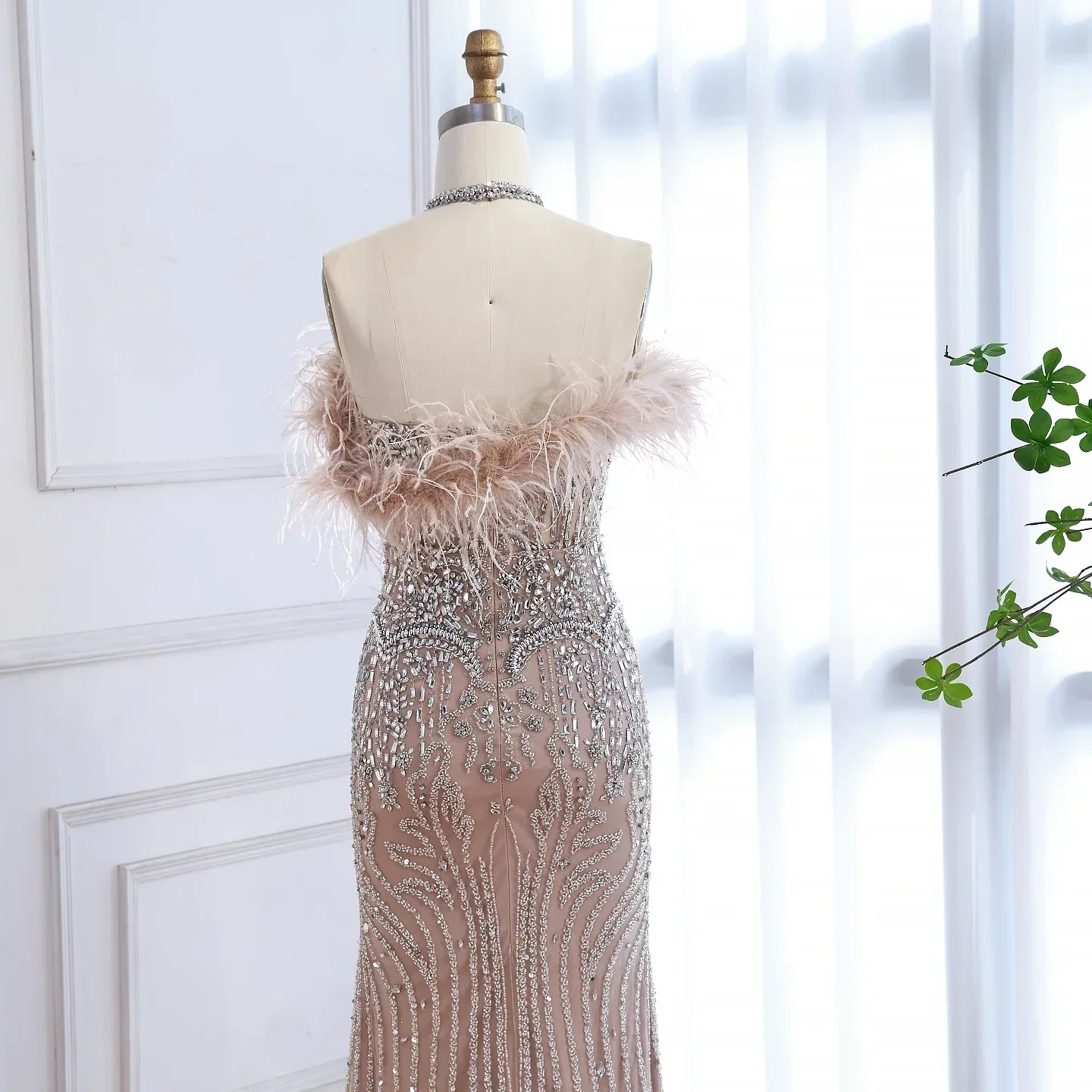 Luxury Nude Halter Feather Crystal Evening Dress - Image 10