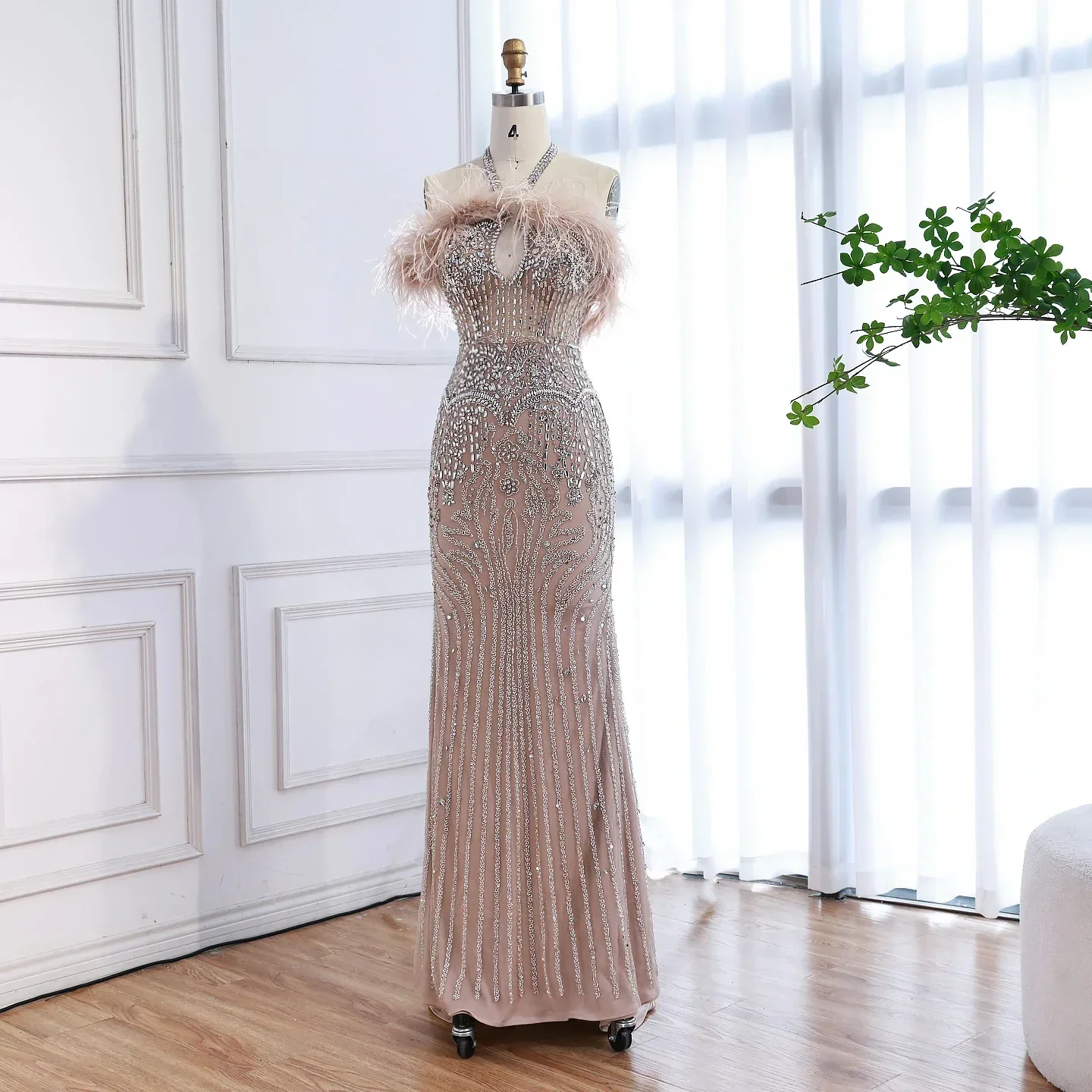 Luxury Nude Halter Feather Crystal Evening Dress - Image 3