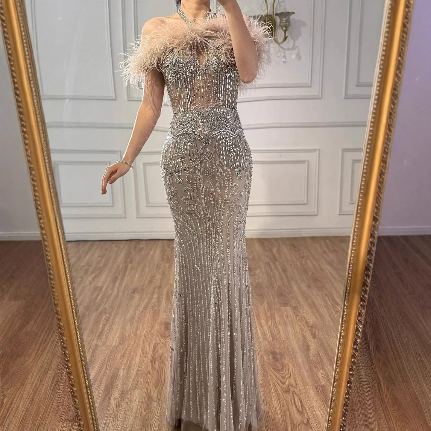 Luxury Nude Halter Feather Crystal Evening Dress - Image 6