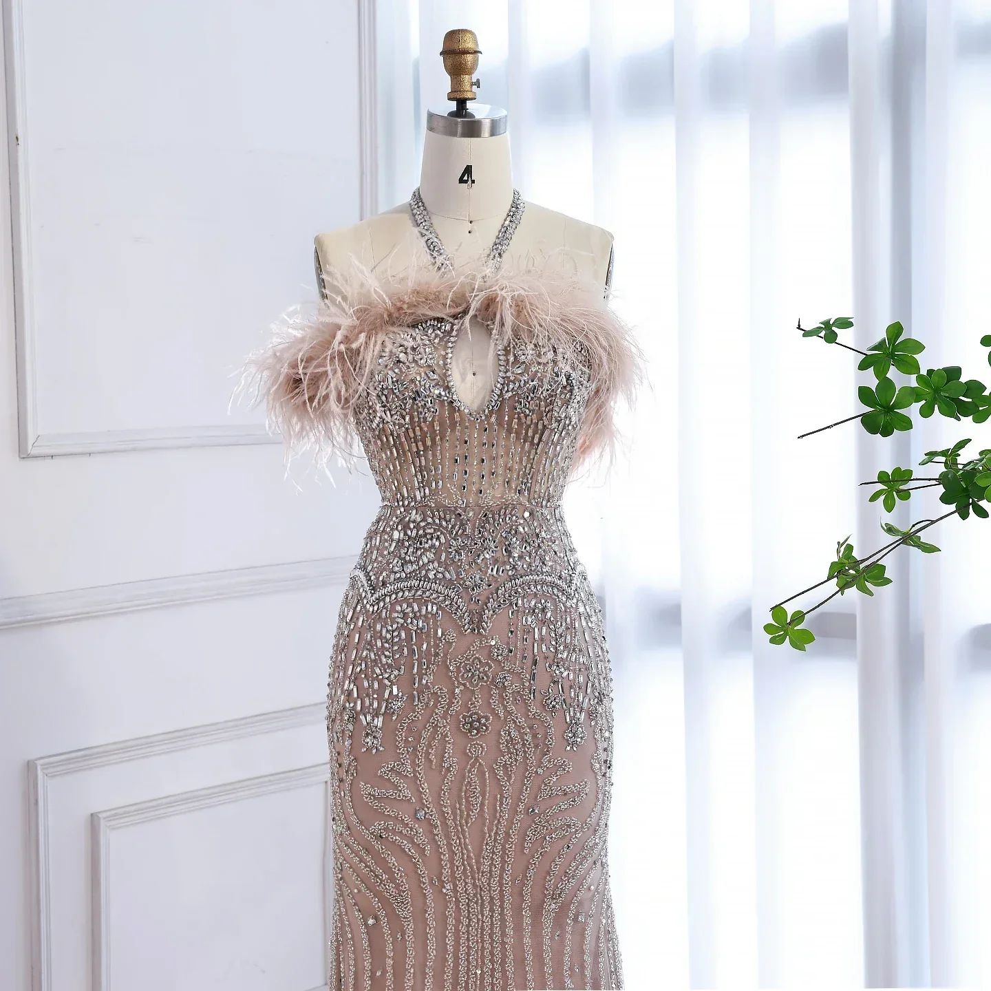Luxury Nude Halter Feather Crystal Evening Dress - Image 8
