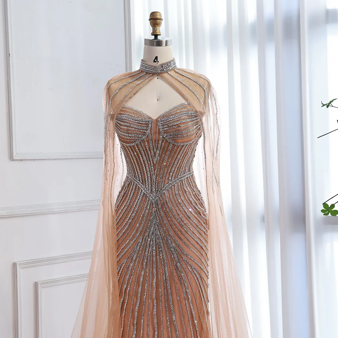 Luxury Nude Mermaid Evening Dress with Cape Sleeves - Image 10