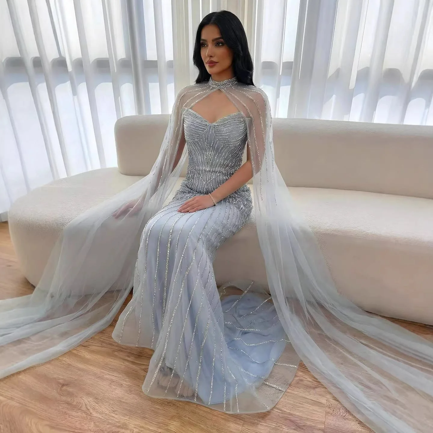 Luxury Nude Mermaid Evening Dress with Cape Sleeves - Image 7
