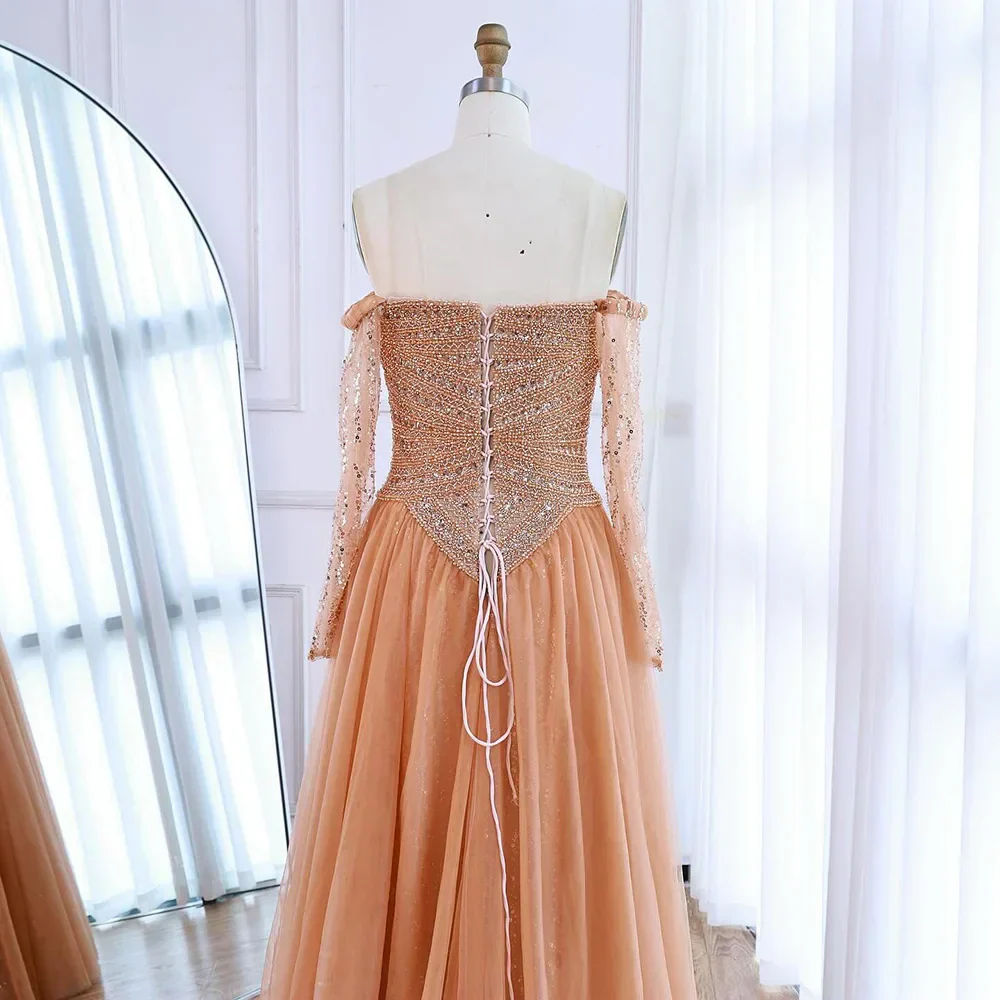 Luxury Nude Off Shoulder A-Line Beaded Evening Dress - Image 10
