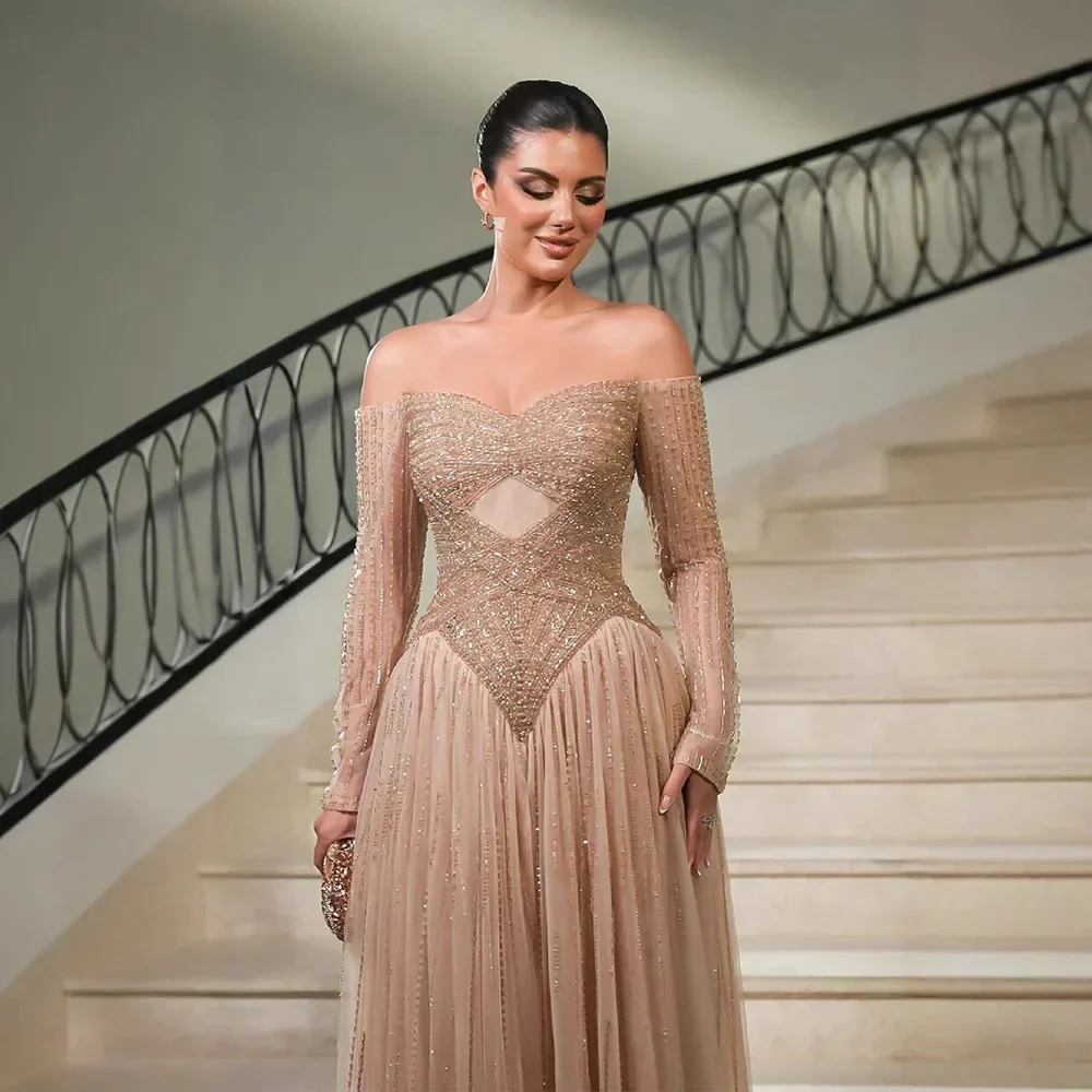 Luxury Nude Off Shoulder A-Line Beaded Evening Dress - Image 2