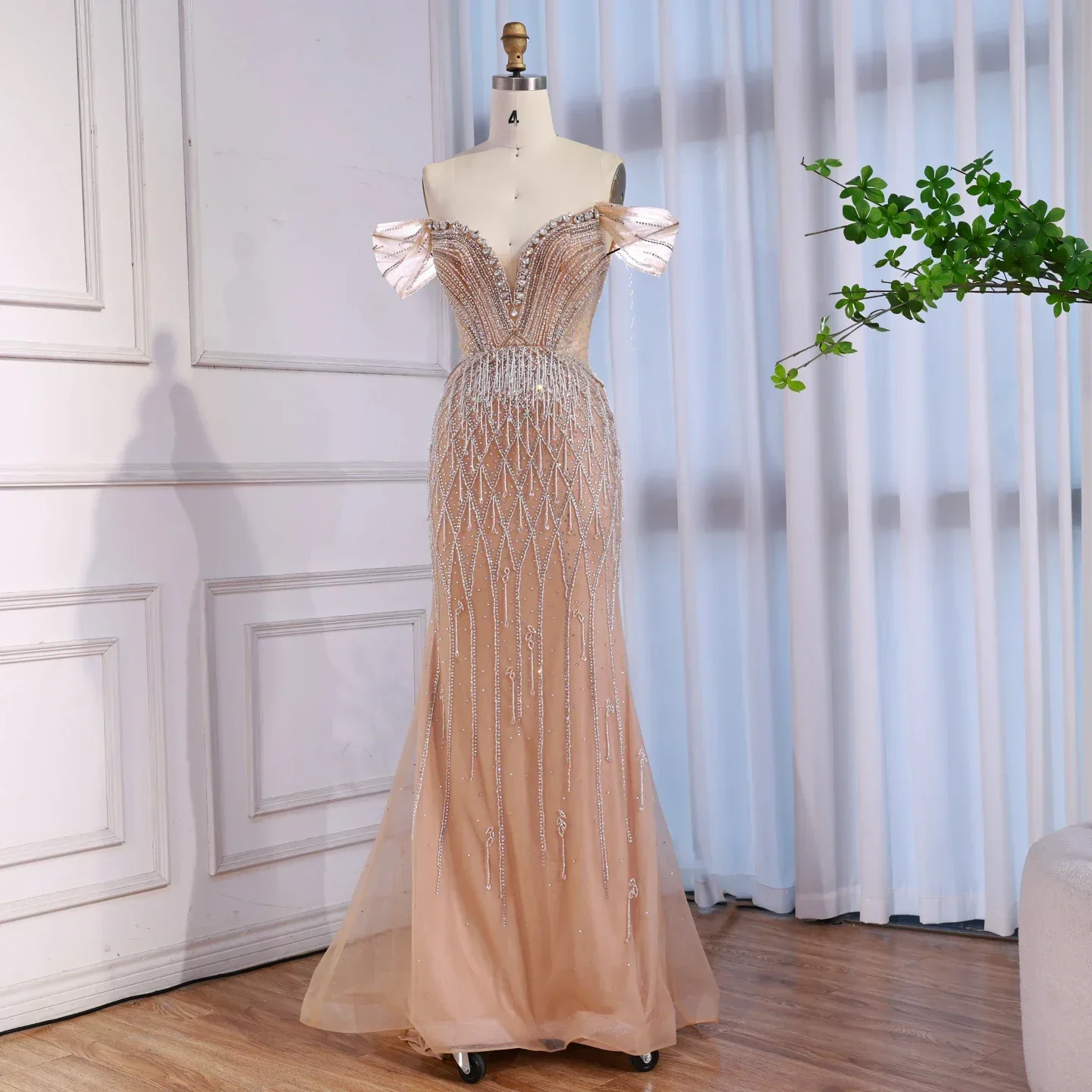Luxury Nude Off Shoulder Beaded Tassel Evening Dress - Image 2