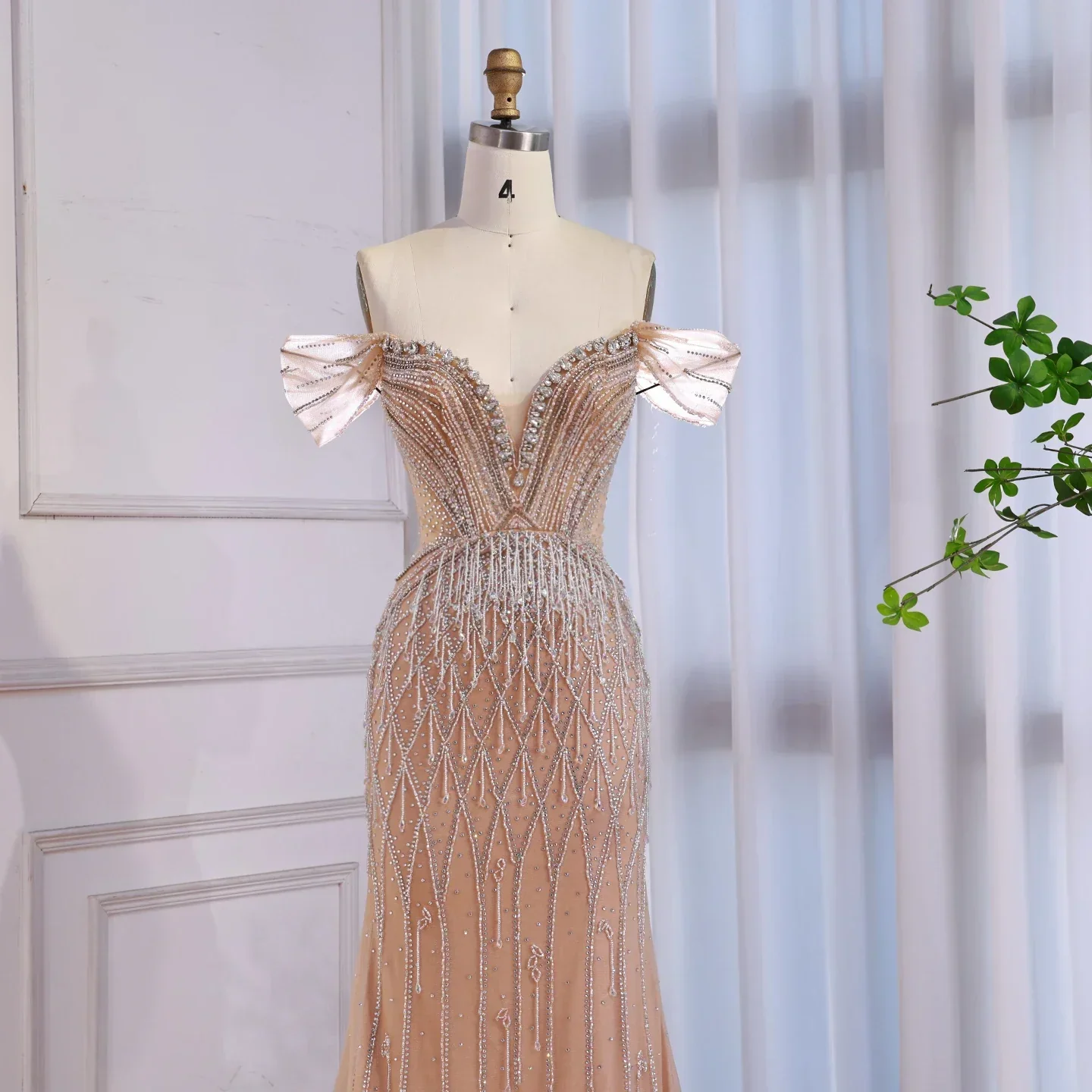 Luxury Nude Off Shoulder Beaded Tassel Evening Dress - Image 6