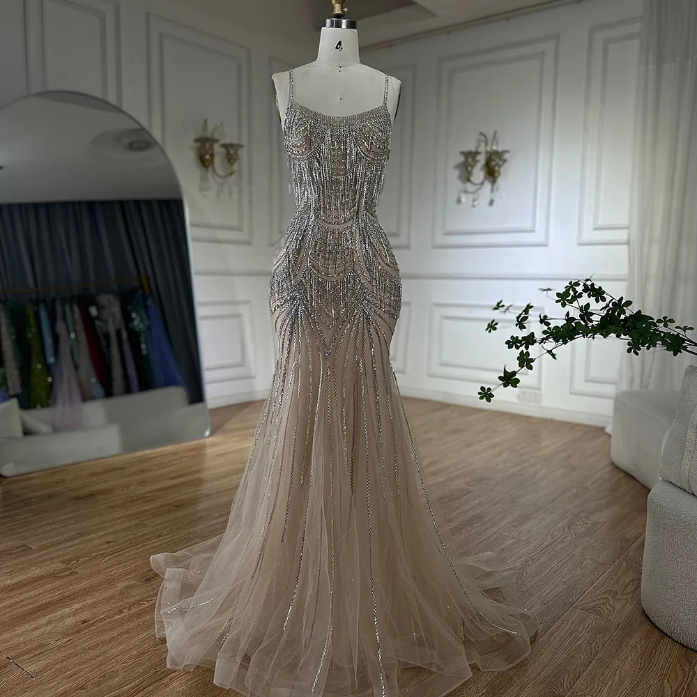 Luxury Nude Pink Crystal Tassel Mermaid Evening Dress LA72772 - Image 11