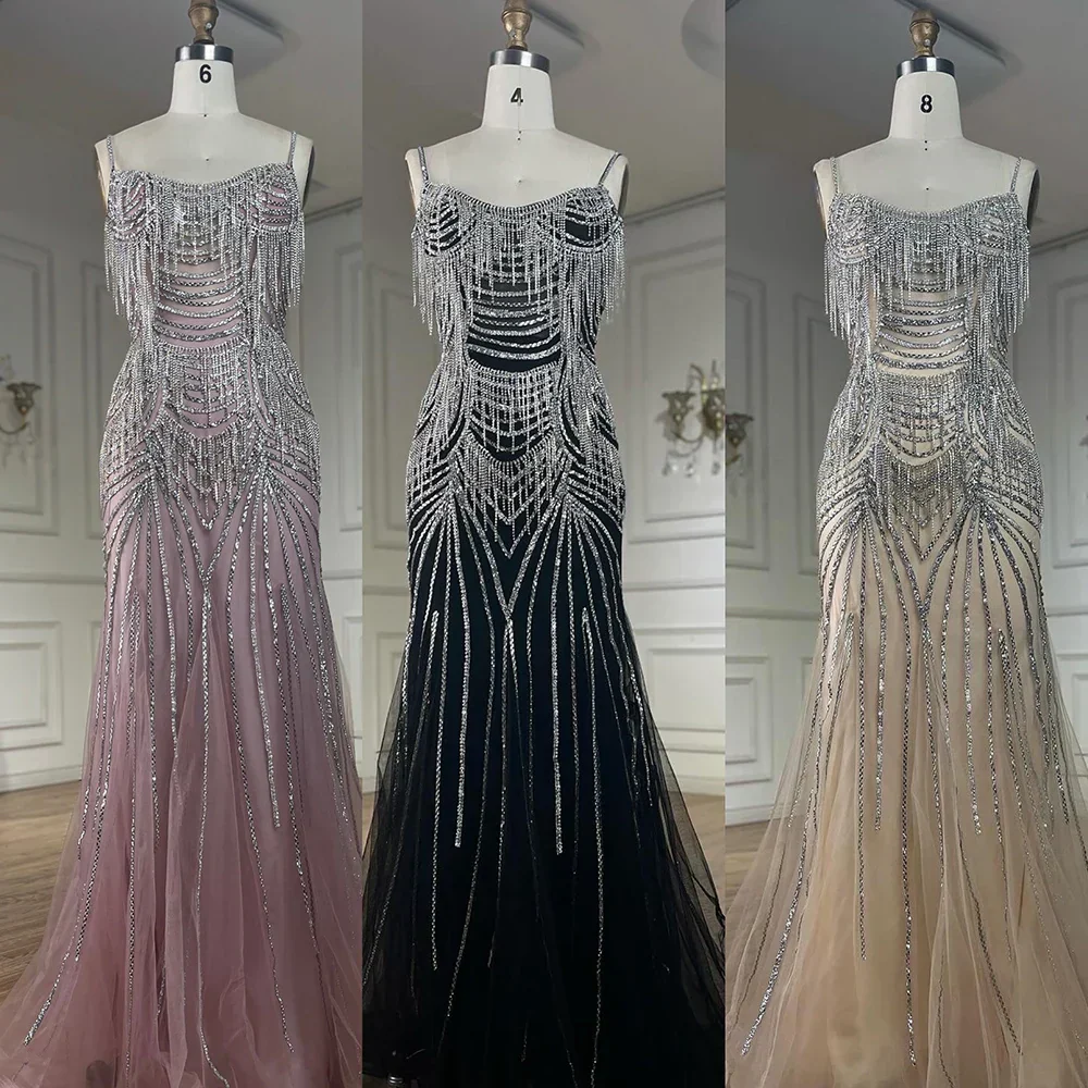 Luxury Nude Pink Crystal Tassel Mermaid Evening Dress LA72772 - Image 3