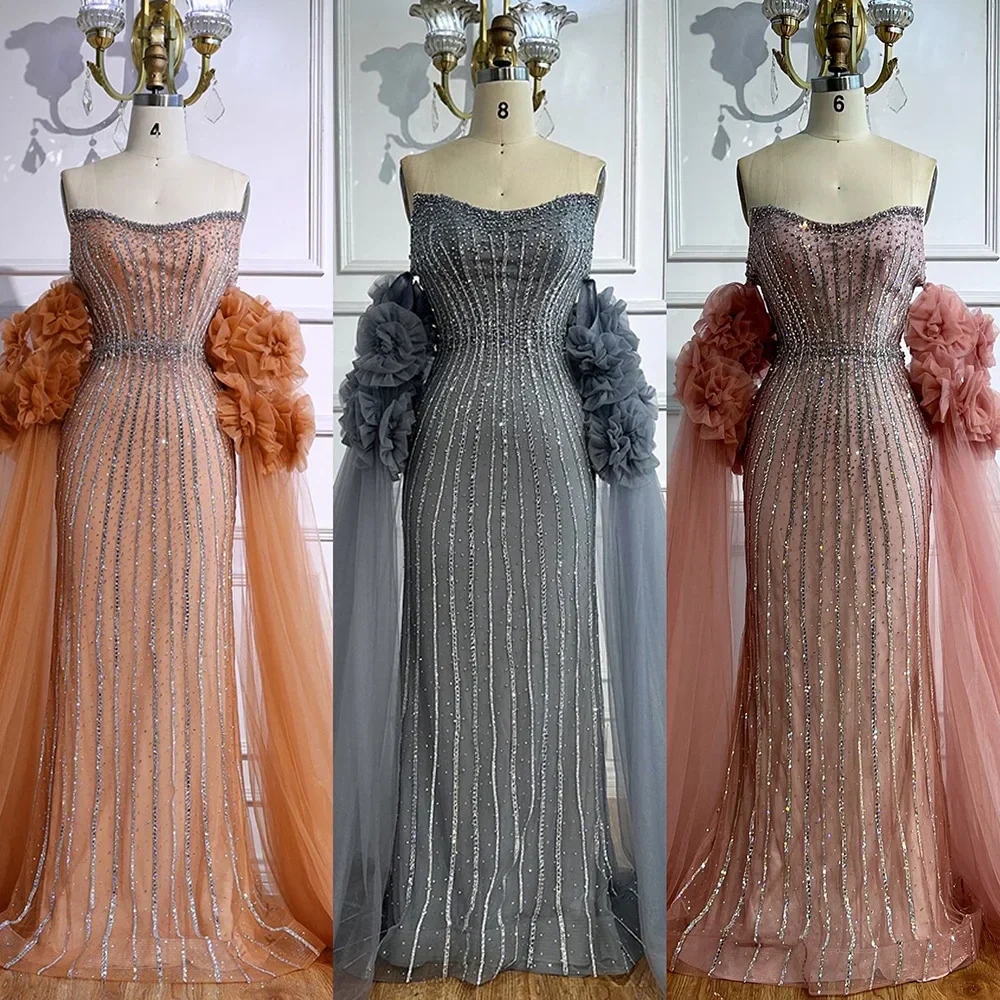 Luxury Pink Beaded Mermaid  Arabic Evening Dress with Cape - Image 3