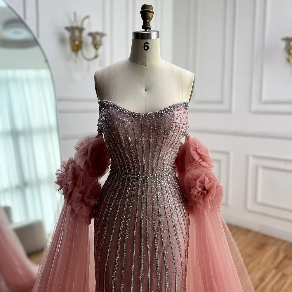 Luxury Pink Beaded Mermaid  Arabic Evening Dress with Cape - Image 6