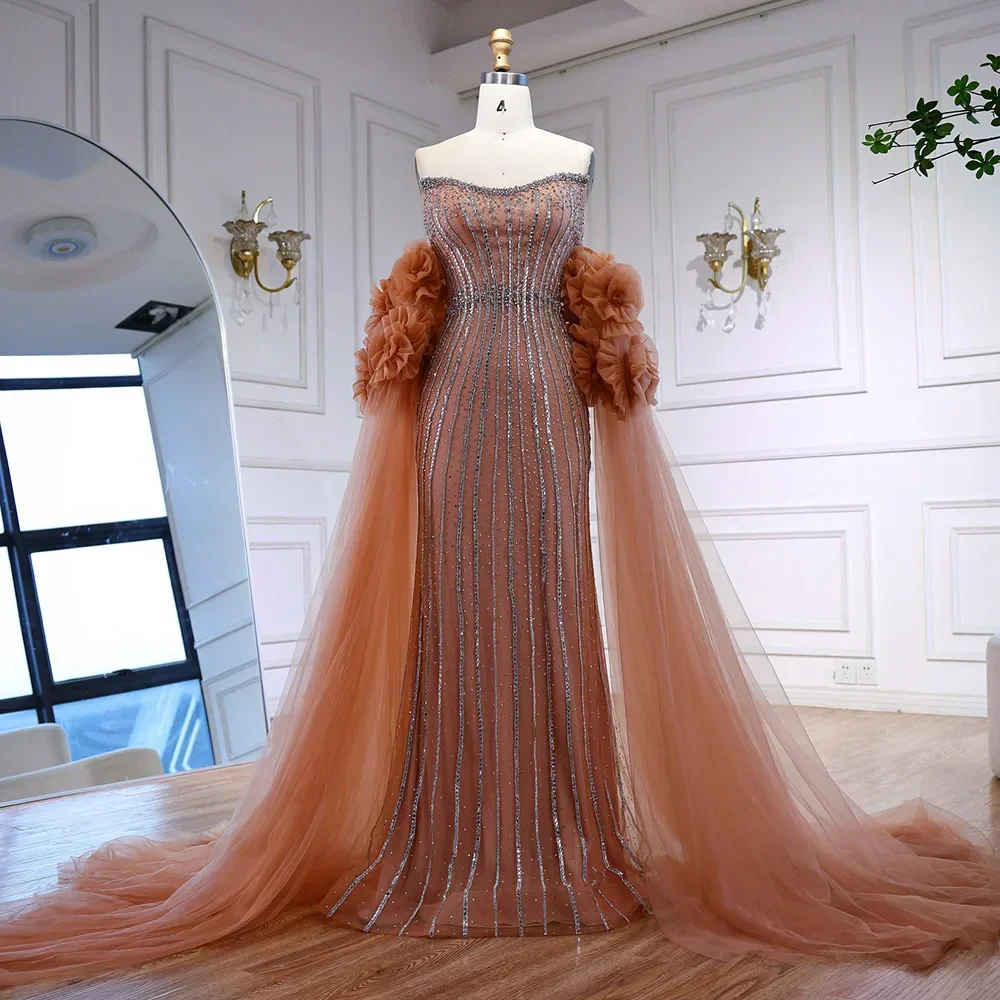 Luxury Pink Beaded Mermaid  Arabic Evening Dress with Cape - Image 8