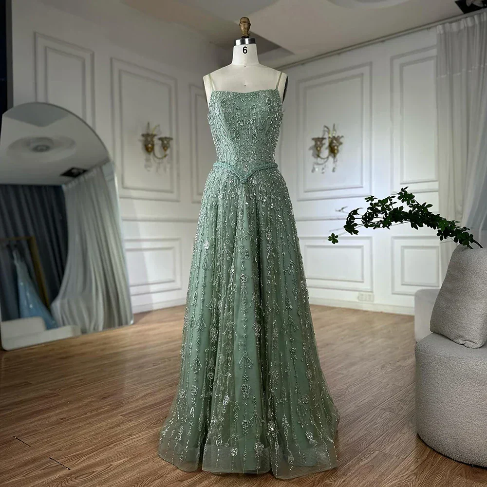 Luxury Sage Green Beaded A-Line Spaghetti Strap Evening Dress - Image 15