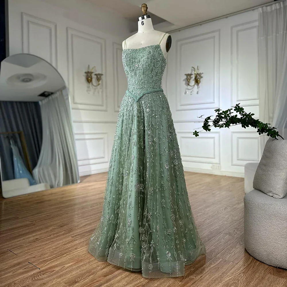 Luxury Sage Green Beaded A-Line Spaghetti Strap Evening Dress - Image 16